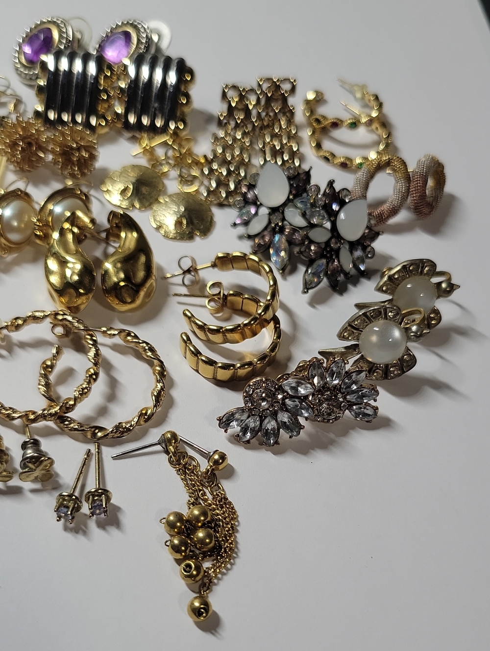 Gold-Tone Mixed Earrings Set with White and Purple Accents